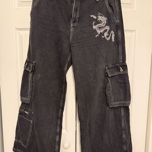BDG Embroidered Dragon Low Rise Cargo Jeans size 32W 30L by Urban Outfitters